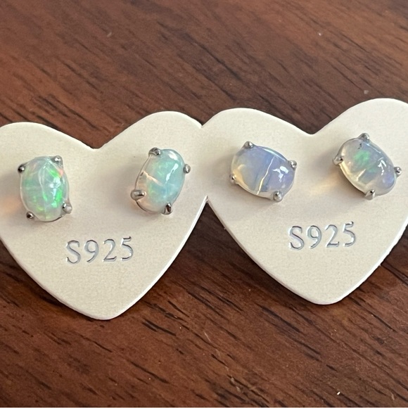 Opal Gemstone Silver Stud Earrings - Picture 3 of 5